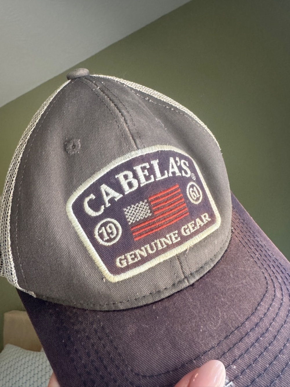 Cabela's Brown and Cream Genuine Gear Trucker Hat with Red Accent